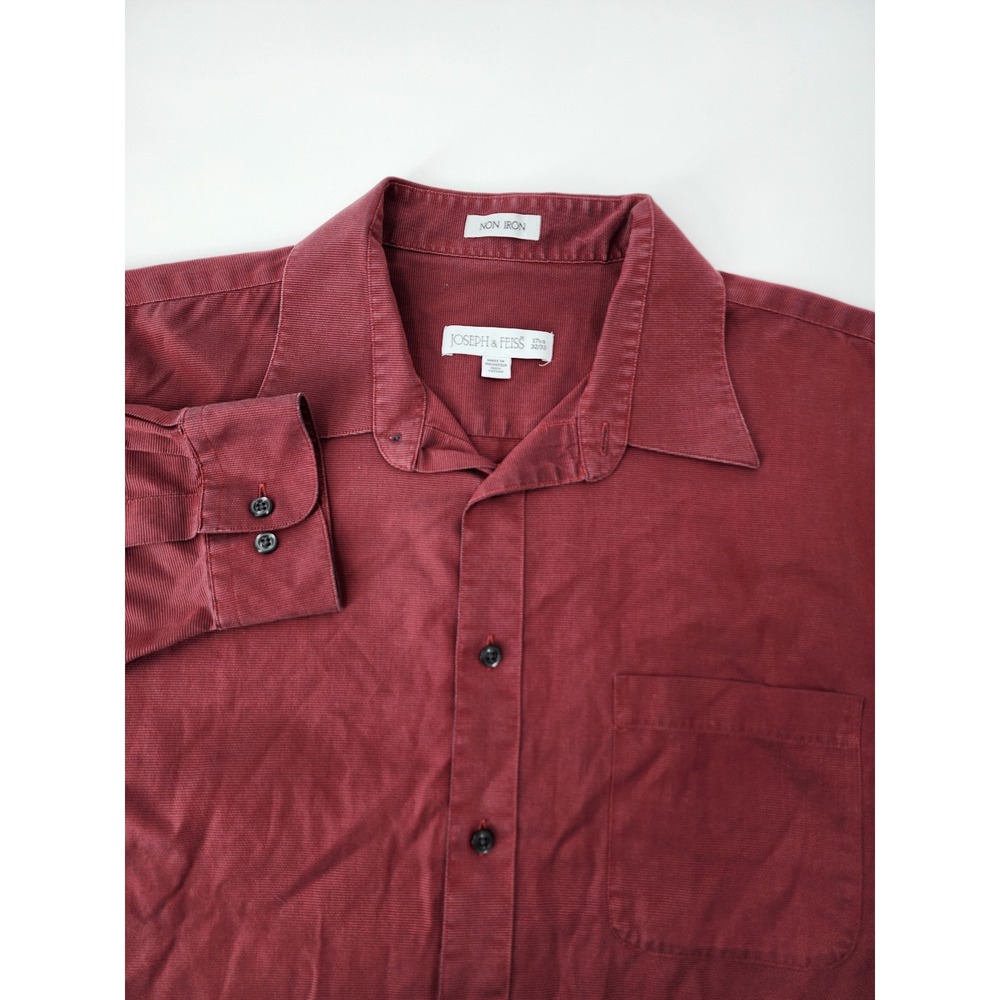 Joseph & Feiss Mens Non Iron Button Down Shirt Burgundy Red Ribbed XL 17.5 32/33